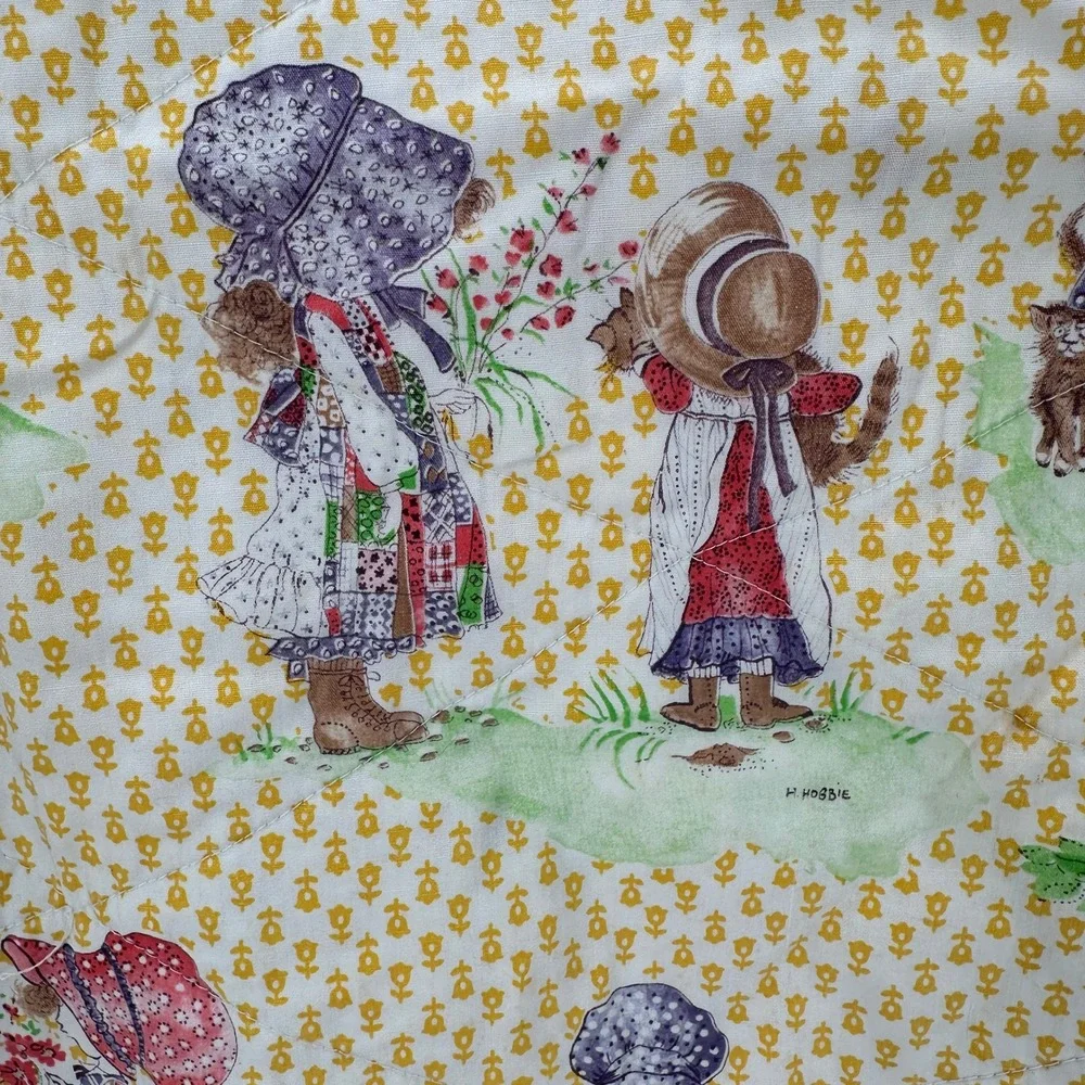 Vintage Holly Hobbie Fabric Quilt Twin‎ Children Playing Yellow Floral Pattern